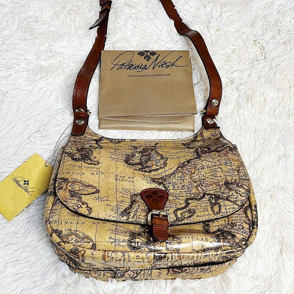 Patricia Nash European World Map Saddle BAG Purse Adjustable Strap Leather NWT